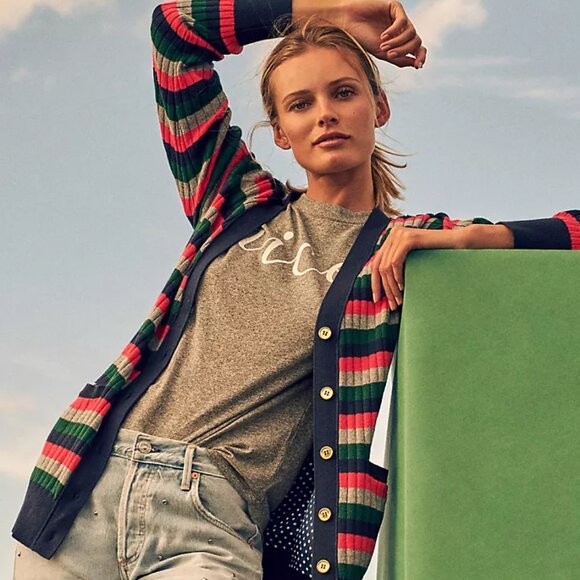 Anthropologie Moth Jamison Striped Ribbed Cardigan Size S EUC - Picture 4 of 12